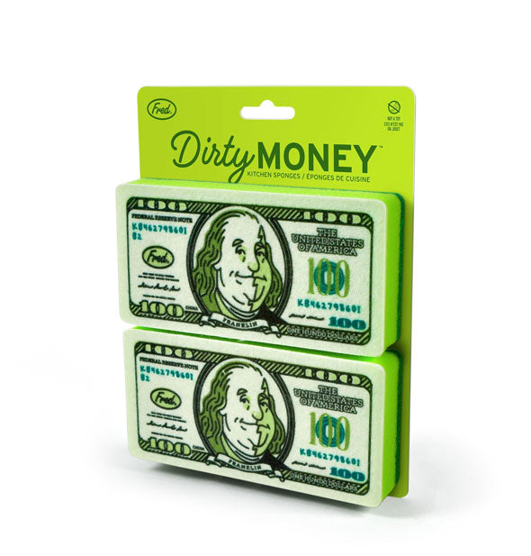 Two green "Dirty Money" hundred dollar bill dish sponges on a product card