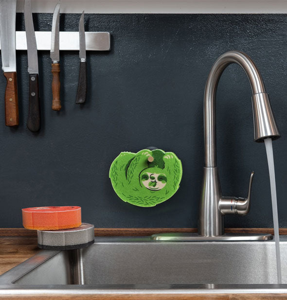 A green sloth dish sponge hangs on the wall behind a running faucet; orange and gray sloth sponges sit stacked to the side