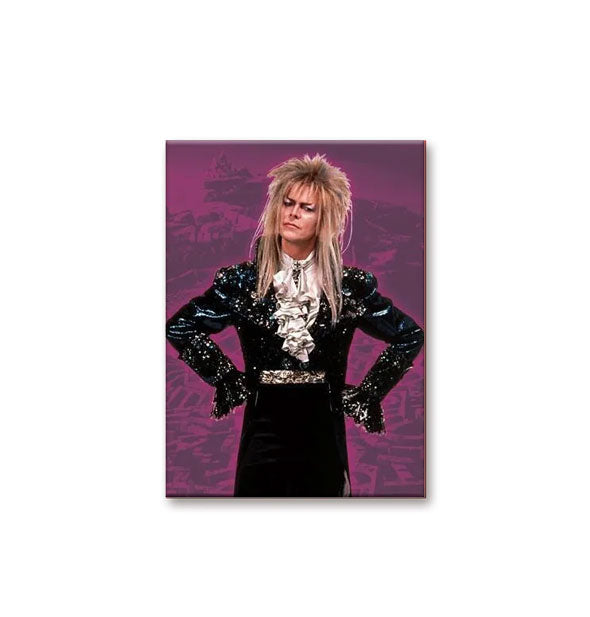 Rectangular magnet depicts David Bowie as Jareth the Goblin King from the film Labyrinth on a purple background