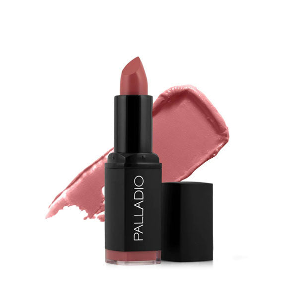 Black tube of Palladio lipstick with cap removed and color swatch behind in a dusty shade called Lady Rose