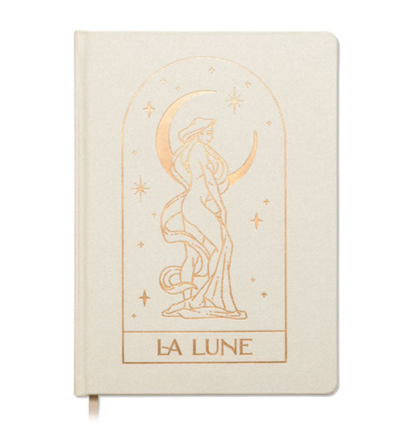 White "La Lune" journal with metallic gold foil embossed design of a goddess-like figure with moon and stars