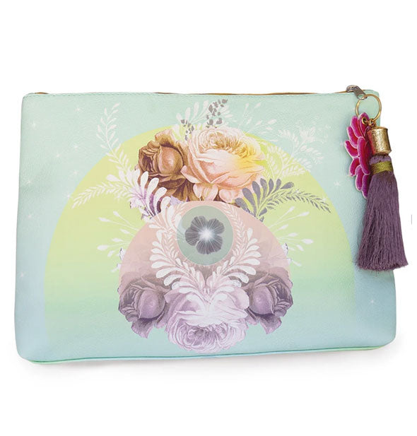 Large aqua pouch with floral design and purple tassel