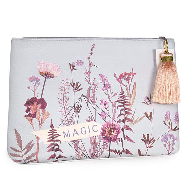 Large purple floral Magic pouch with peach colored tassel