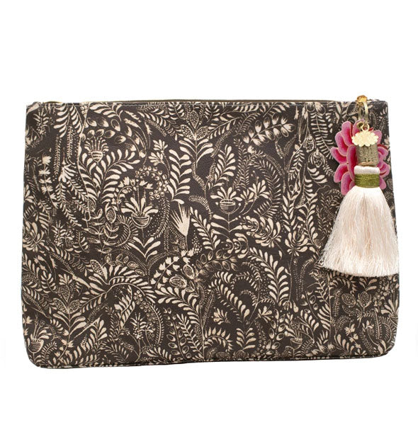 Large pouch with intricate white floral brushstroke design and white tassel hanging from a gold zipper
