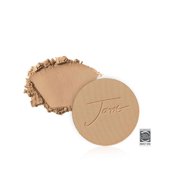Jane Iredale PurePressed Base Mineral Foundation Refill with sample product swatch behind in the shade Latte