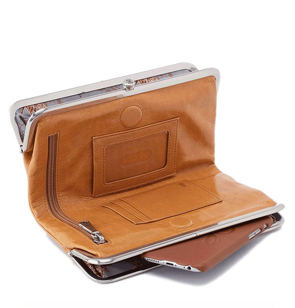 Honey-brown leather wallet shown open to reveal storage compartments and slots inside