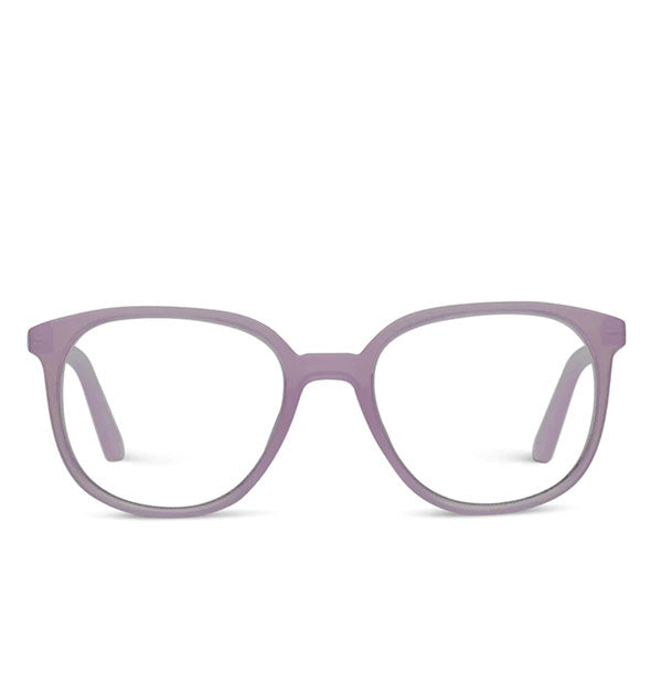 Front view of a slightly rounded pair of glasses frames in a muted purple shade