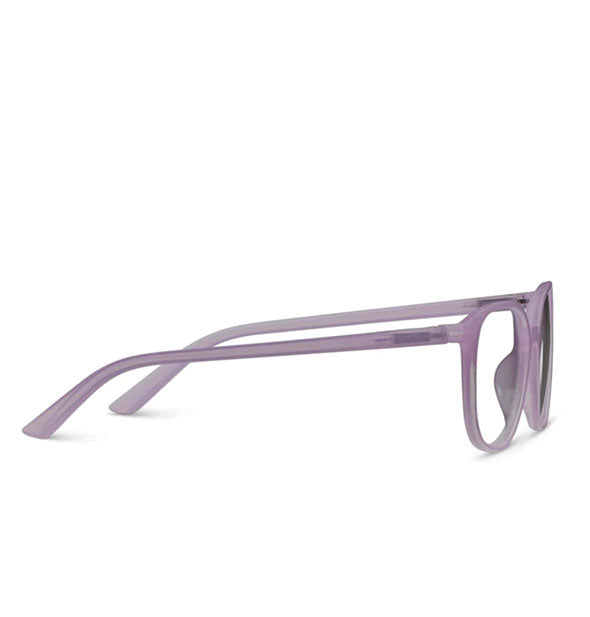 Side view of a pair of glasses frames in a muted purple shade