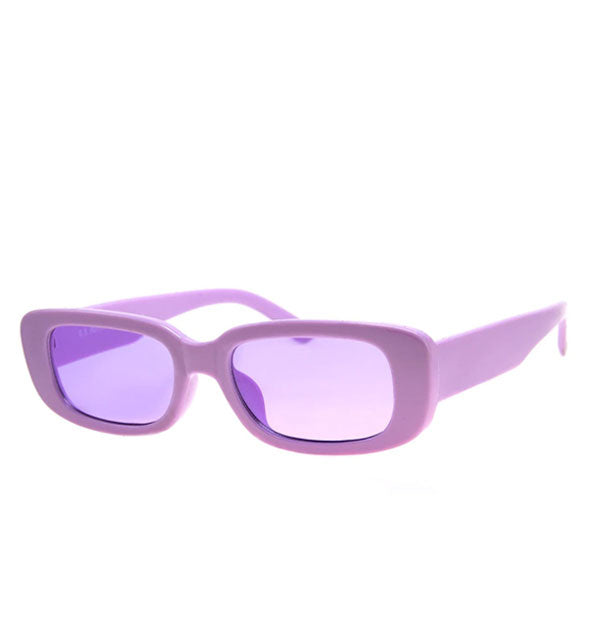 Pair of rectangular purple sunglasses with purple lens