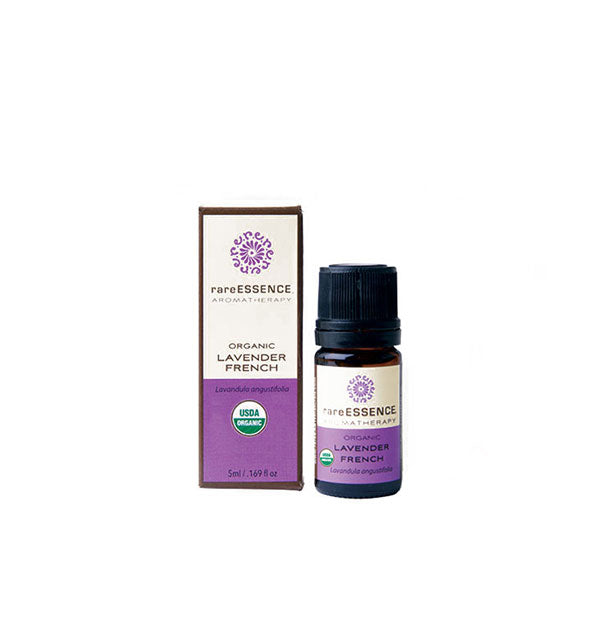 5 milliliter bottle of organic Lavender French essential oil by Rare Essence Aromatherapy with box