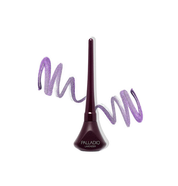 Tube of Palladio Liquid Eyeliner in Lavender with product sample squiggles drawn on either side