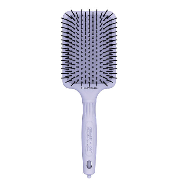Purple Ceramic + Ion Olivia Garden square paddle brush with black bristles and a build-in sectioning pick at the bottom of handle