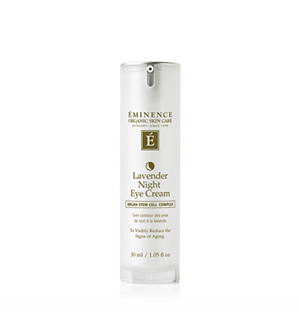 White cylindrical 1.05 ounce bottle of Eminence Organic Skin Care Lavender Night Eye Cream