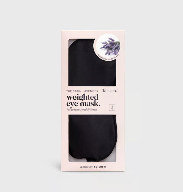 The Satin Lavender Weighted Eye Mask by Kitsch shown through windows in pink packaging