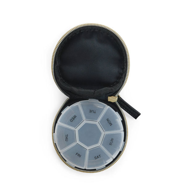 Inside of a round zipper pill case with plastic compartments