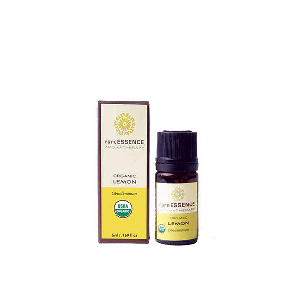 5 milliliter bottle of organic Lemon essential oil by Rare Essence Aromatherapy with box