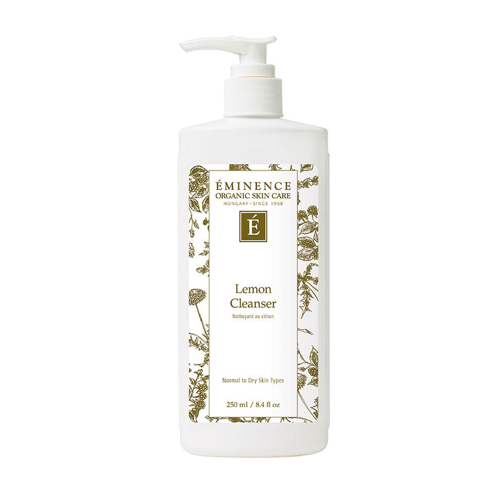 White 8.4 ounce bottle of Eminence Organic Skin Care Lemon Cleanser with floral patterned label