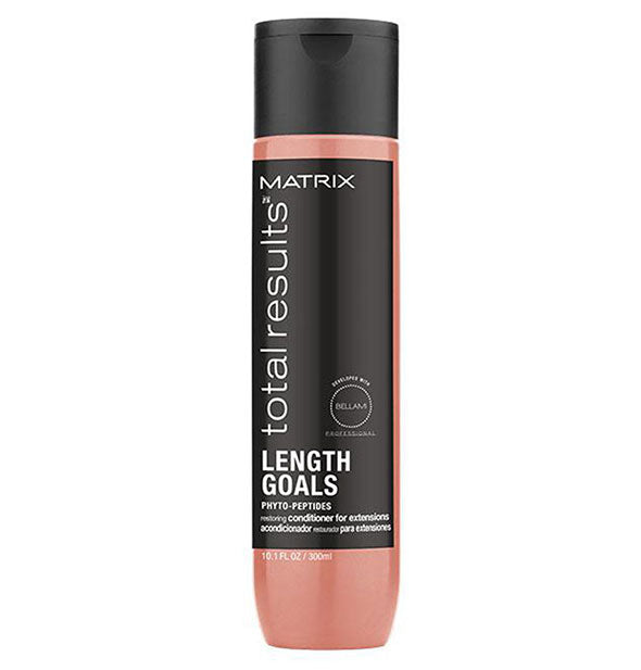 Blush pink 10.1-ounce bottle of Matrix Total Results Length Goals Conditioner for Extensions with black cap and label and white print.