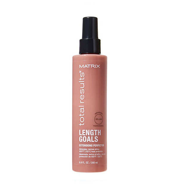 Blush pink 6.8-ounce bottle of Matrix Total Results Length Goals Extensions Perfector with black spray nozzle and white print.