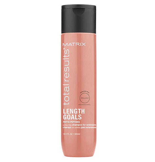 Blush pink 10.1-ounce bottle of Matrix Total Results Length Goals Shampoo for Extensions with black cap and white type.