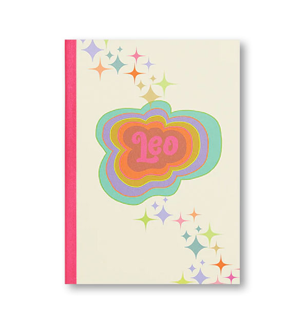 Notebook cover with magenta binding, colorful stars, and colorful radiant lettering that reads, "Leo"