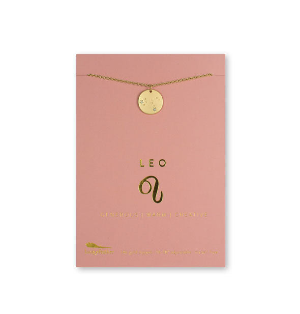 Gold Leo necklace on card with metallic gold print and symbol