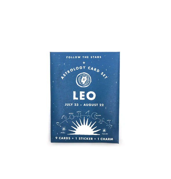 Blue and white pack of Follow the Stars Astrology Cards representing the zodiac sign Leo