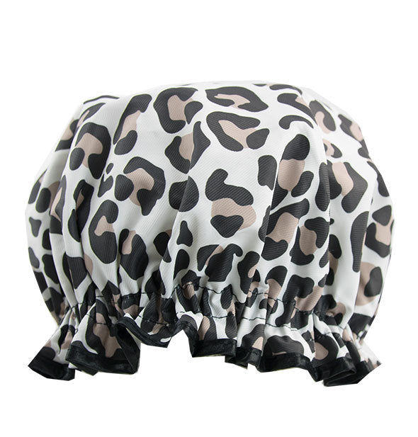 Leopard print shower cap with black trim