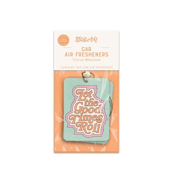 Pack of two mint green rectangular Car Air Fresheners that say, "Let the Good Times Roll" in orange lettering with a pink and white outline