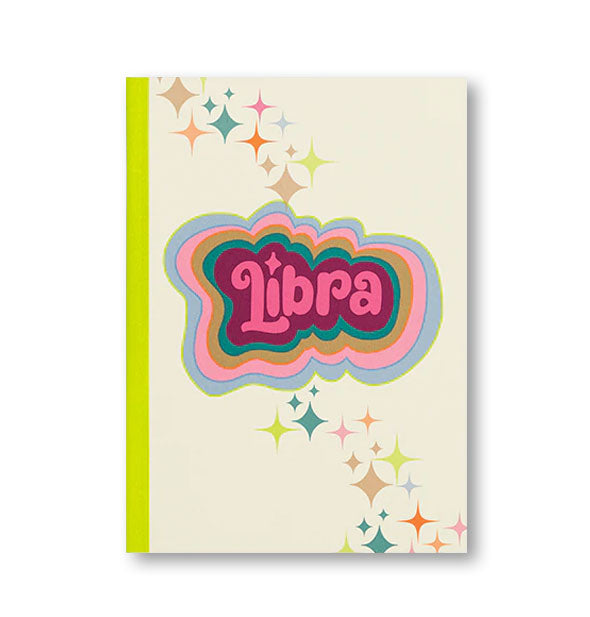 Notebook cover with neon lime binding, colorful stars, and colorful radiant lettering that reads, "Libra"