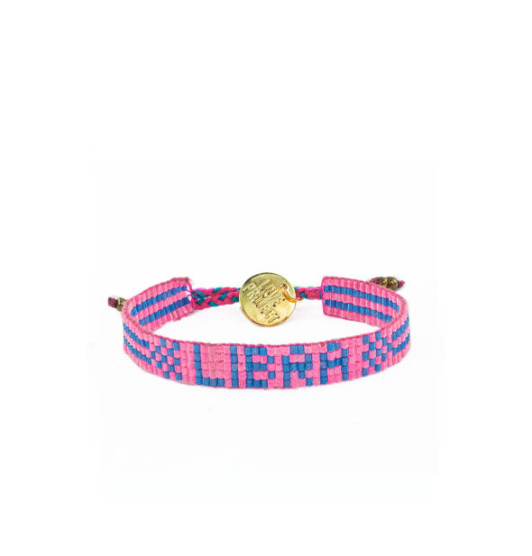 Pink and blue beaded Libra bracelet with round gold Love Is Project stamped tab attached