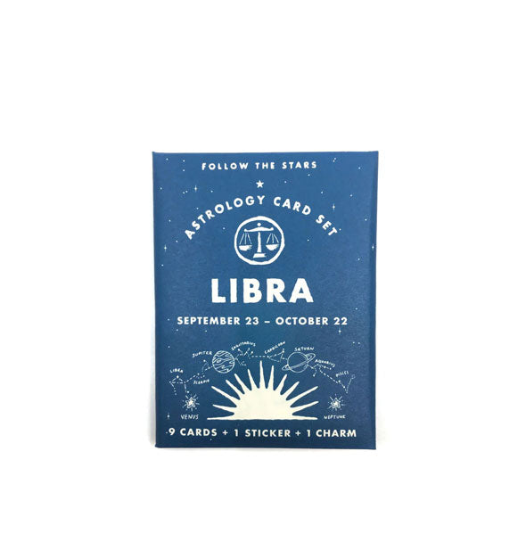 Blue and white pack of Follow the Stars Astrology Cards representing the zodiac sign Libra