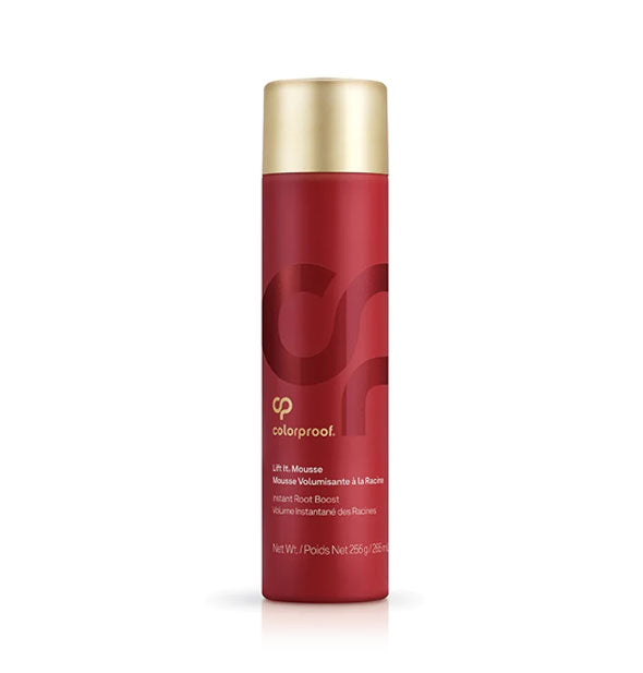 Red bottle of ColorProof Lift It Mousse with gold cap