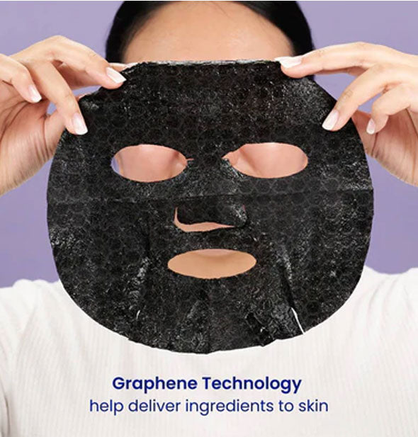 Model holds a black sheet mask in front of face above caption, "Graphene Technology helps deliver ingredients to skin"