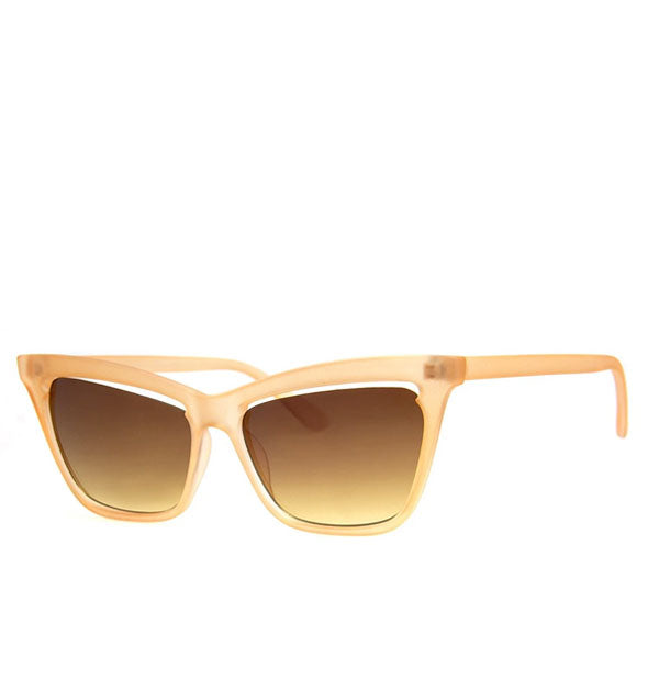Pair of translucent yellow cat eye sunglasses with amber lens
