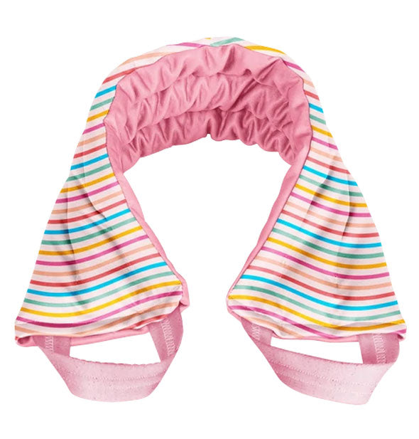 Rainbow striped neck wrap with pink handles and pink ruched interior