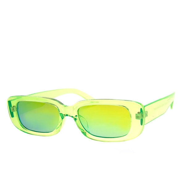 Pair of rectangular translucent green sunglasses with green lenses
