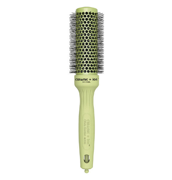 Lime green Ceramic + Ion round barrel brush with large round vents, black bristles, and a build-in sectioning pick in the bottom of handle