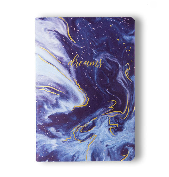 Blue marble journal cover with gold accents says, "Dreams" in gold script