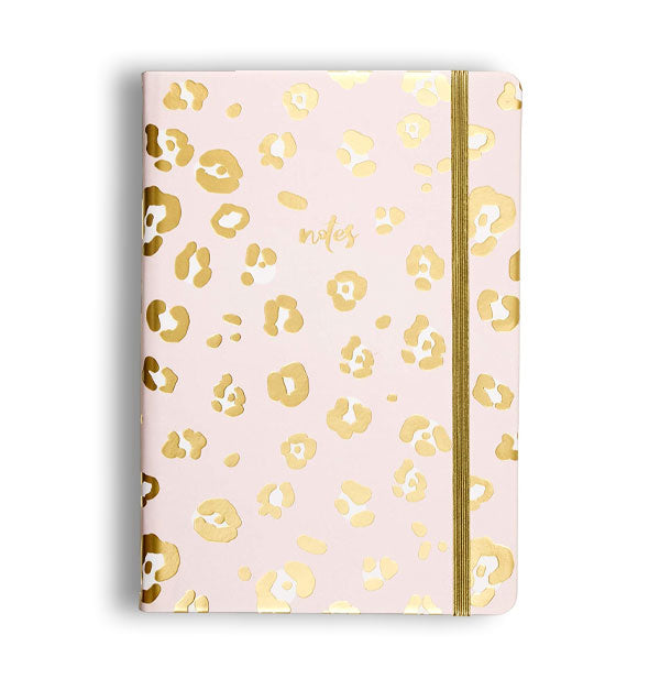 Blush pink journal with embossed gold leopard print and a gold elastic band keeping it closed