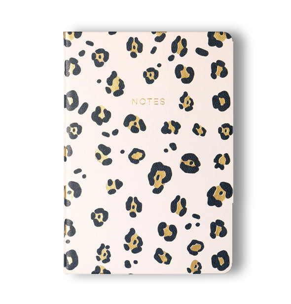 Journal with black and gold leopard print says, "Notes" in small metallic gold lettering