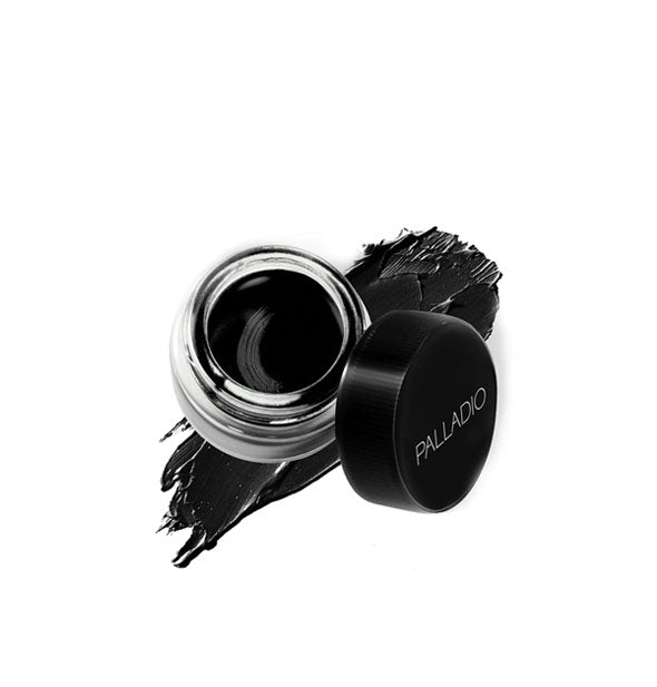 Pot of black Palladio eyeliner gel with product sample swatch behind