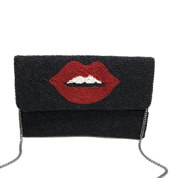 Lips Beaded Mini Cross Body Pouch: Black | Got Beauty