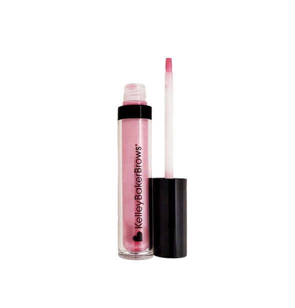 Tube of pink Kelley Baker Brows lip gloss with applicator wand removed