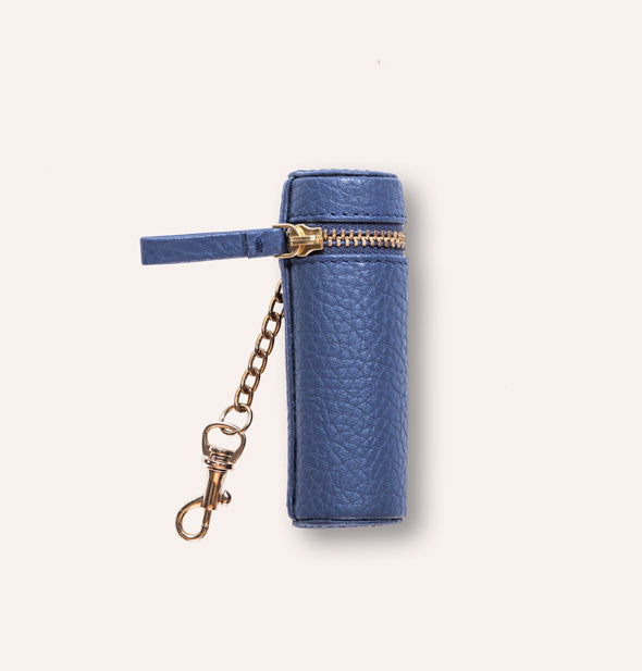 Pebbled blue leather lipstick case with zipper pull tab and gold hardware