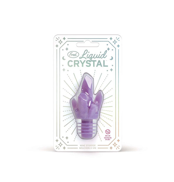 Purple Liquid Crystal wine bottle stopper on decorative white Fred product card