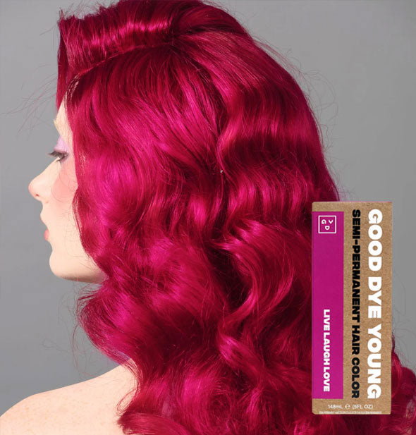 Model with bright magenta hair color by Good Dye Young in the shade Live Laugh Love