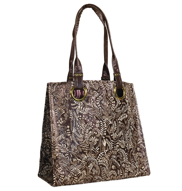 Brown tote bag with intricate all-over white floral brushstroke design