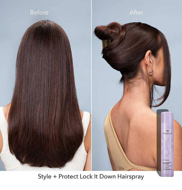 Before and after results of using Pureology Style + Protect Lock It Down Hairspray