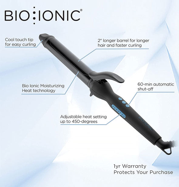 Diagrammed Bio Ionic curling iron indicates its features and benefits